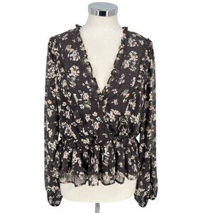 ASTR The Label Floral Ruffle Peplum Blouse Sheer Sleeves V-Neck Gray Size XL NWT
